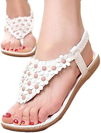 Clearance!Hot Sale! ❤️ Women Sandals, Neartime Summer Bohemia Sweet Beaded Clip Toe Sandals Hollow out Beach Shoes (❤️US6.5, White)