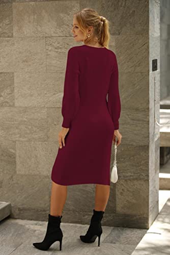 DEEP SELF BODYCON DRESS LONG SLEEVE MIDI DRESS SEXY DRESSED FOR WOMEN DATE NIGHT KNIT DRAWSTRING NECK BLUE PENCIL DRESS