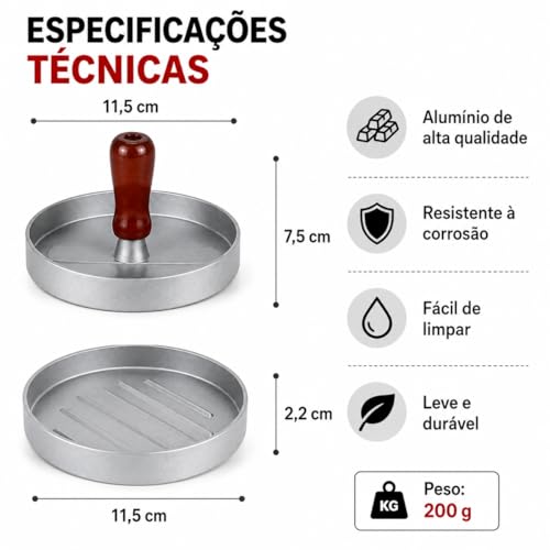 Molde para Hambúrguer em Aço Inoxidável com Cabo de Madeira – Prensa para Carne Gourmet Artesanal