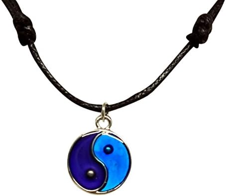 Yin Yang Blue And Mood Pendant Necklace On Black Adjustable Slider Cord