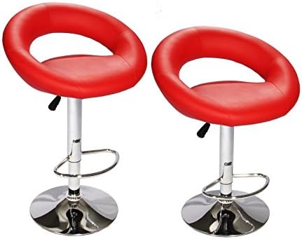 Allure Home Style - Red Bar Stool PU Leather Hydraulic Swivel Dinning Chair Barstools Set of 2 Pcs