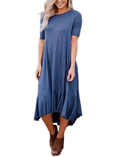 Sidefeel Women Short Sleeve High-Low Hem Ruffle Trimmed Midi Dress X-Large Blue