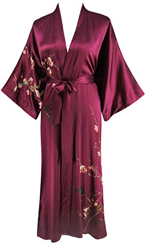 Ledamon Women's 100% Silk Kimono Long Robe - Classic Colors and Prints Enclosed in an Elegant Gift Box (Wine red)
