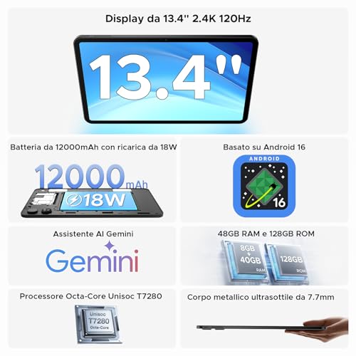 P13 Tablet 13.4 Inch 2.4K Android Tablet 16 120Hz, 48GB+128GB/2TB TF,FHD,12000mAh/18W,Octa-Core,WiFi5,Gemini AI,Widewine L1,GMS, 13MP+8MP,Ultra-Thin 0.8 cm, Keyboard, Pen, Mouse,Body Metal in Metal