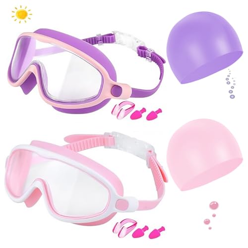 Gafas de Natación para Niños,2 Pcs Anteojos de Natación para Niños con Tapón para La Oídos y Clip para La Nariz,Swim Goggles Ajustable de Silicona,Protección UV,Sin Fugas,Antivaho Anteojos de Natación
