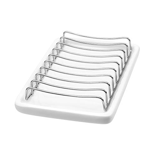 Slideep Ceramic Soap Dish Holder, Stainless Steel Soap Bar Holder for Bathroom and Shower, Double Layer Draining Soap Box - Thumbnail 2
