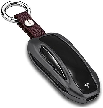 WJM Aluminium Alloy Car Key Cover, Silicone Key Fob,Remote Control Entry Leather Case, Smart Keyless Protective Shell Holder with Leather Chain for Tesla (Metal Model X- Black)