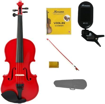 Merano 1/4 Size Red Violin with Hard Case, Red Stick Bow+Free Rosin+Extra Set of Strings+Merano Chrometic Clip On Tuner