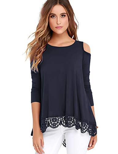 Uniboutique Women's Tops Long Sleeve Lace Trim O-Neck A-Line Tunic Tops Blue M