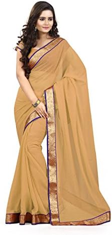 Odhni Women's Indian Bollywood Embroidered Beige Chiffon Saree