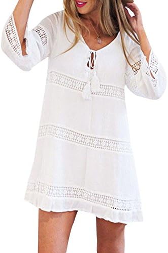 ZHANGVIP Women Lace Hollow Out Half Sleeve Summer Beach Short Dress Mini Skirt(S-3XL)