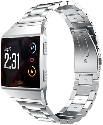 Juvnile Fitbit Ionic Smart Watch Premium Stainless Steel Crystal Rhinestone Wrist Band for Women Men Adjustable Metal Watch Chain Band with Folding Clasp | One Size Fits All Wrists (Silver)