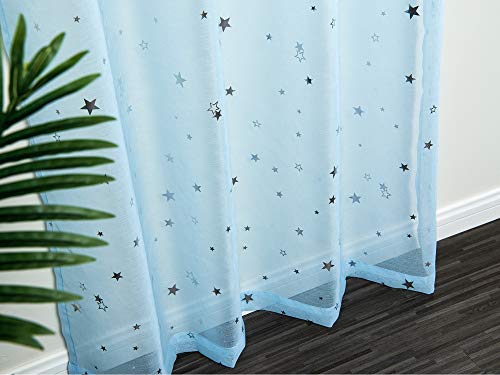 AmHoo Sheer Curtain Foil Print Sliver Star Pattern Semi Voile Sheer Curtain Panel Grommet Top Panels Set of 2 for Living Bedroom Window Treatment (Blue, 52 x 63 Inch)