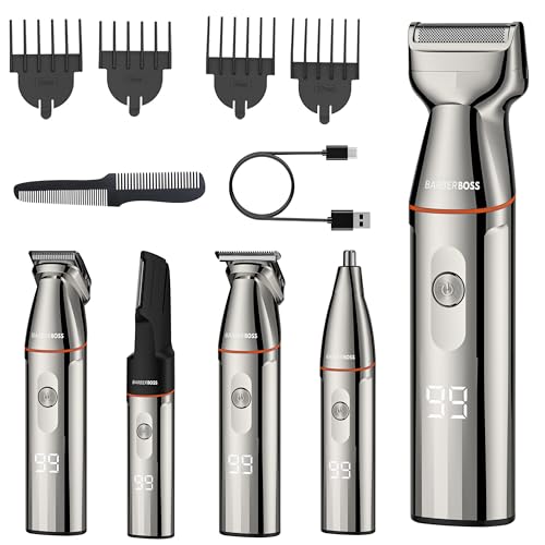 BarberBoss Cordless Beard Trimmer Men Kit, 5-in-1 Shaver with Hair Clippers, Nose Trimmer, USB-C Recharge & Stainless Steel Blades, Body Groomer