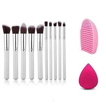 Miss & Mam Professional Makeup Brush Set of 10 pcs White with Sponge Puff and Brush Cleaner