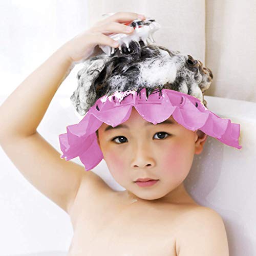 Baby Silicone Shower Cap with Bathing Brush Adjustable Infants Shampoo Caps Hat Safety Bath Visor Cap Soft Stretchy Protect Eyes Ears (Pink)