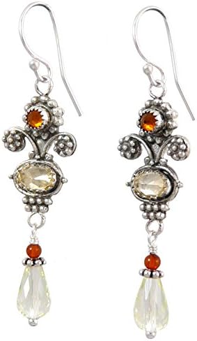 Upscale Bohemian Drop Earrings, Sterling Silver with Lemon Citrine and Amber
