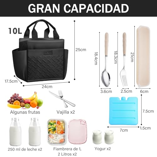 ZZBIFRJ Loncheras Térmica para Mujer, Bolsa de Almuerzo de Gran Capacidad con Cristales Hielo y Cubiertos, Aislamiento Portátil Ideal para el Trabajo, Playa, Camping