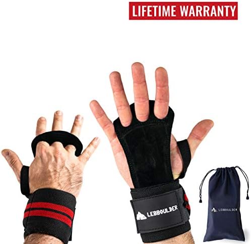 LEBBOULDER Crossfit Grip 3 Hole Wodies Leather Hand Gloves with Adjustable Detached Wrist Support for Men and Women