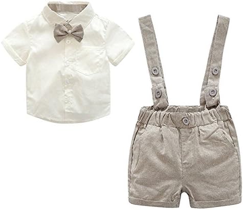 Baby Boy 2Pcs Gentleman Bow Tie Cotton T-shirt Suspenders Shorts Set (0-6Months, Khaki)