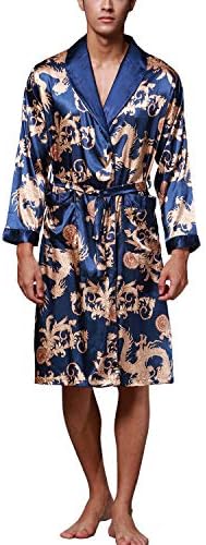 Men's Bathrobe Long Satin Robes Dressing Gown Shawl Collar Kimono Dragon Nightwear