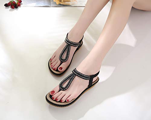 DolphinBanana Women's Bohemian Simple T-Strap Summer Flat Thong Sandals, Black Flip Flops Glitter Shiny Rhinestone Herringbone Woven Tape Shoes for Dressy Casual Jeans Daily Wear and Beach Vacation