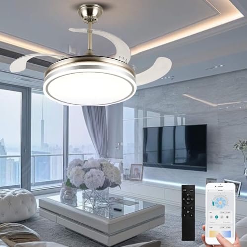 Megaluz F8585-42 Ventilador de techo con luz led y control remoto y APP, 42 pulgadas, luz fría, cálida y neutra, aspas retractiles, Abanico de techo 3 velocidades y motor silencioso (Metal satinado).