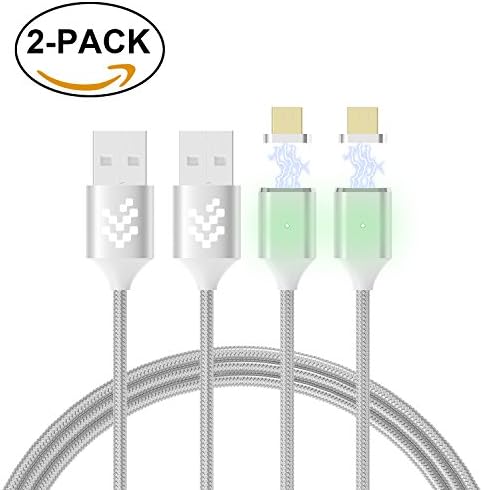 2 Pack Magnetic Micro USB Cable, WMZ Nylon Braided Data Charger Cord with Metal Plug LED Indicator Light Charging for Samsung S2 S3 S4 S6 S7 Edge, Note 2/3/4/5, Tab S2 S LG (3.3 Feet/1M Sliver)