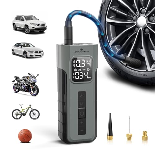 HYVOHEX Car Tyre Inflator Air Compressor,1 Min Fast Inflation Cordless Bike Pump with Digital Pressure Gauge,10.34 Bar Portable Air Pump with LED Light for Car Tyres, Motorcycle,Bicycle,Ball