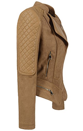 Chouyatou Women's Fashion Perfect Fit Faux Suede-Pu Leather Quilted Biker Jacket (Small, Camel)