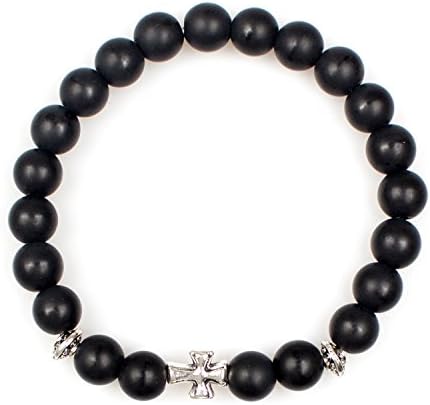 PWMEN Black Lava Rock Matte Onyx Obsidian Beads Elastic Energy Stretch Women Bracelet with Cross 7.08"