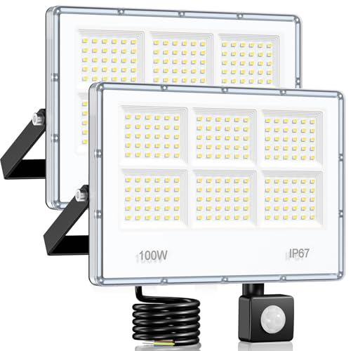 LED Spotlight with Motion Sensor – 2 Pieces 100W 10000LM 6 in 1 Outdoor Light with Motion Sensor, IP67 Waterproof White 7000K Outdoor LED Floodlight for Garden, Patio, Garage and Street