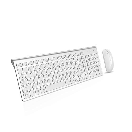 Wireless Keyboard Mouse, 2.4G USB Thin Wireless Combo Rechargeable for Mac, Laptop,Desktop,Notebook,Computer,Smart TV -White+Silver