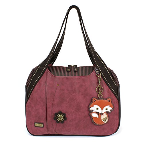 Chala Handbag Shoulder Purse Tote Bag with Animal Purse Charm (835GY) (Burgundy Fox)