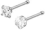 Set of 2 Straight Nose Studs: 20g Surgical Steel Round & Heart Shaped Clear CZ Crystal Nose Rings