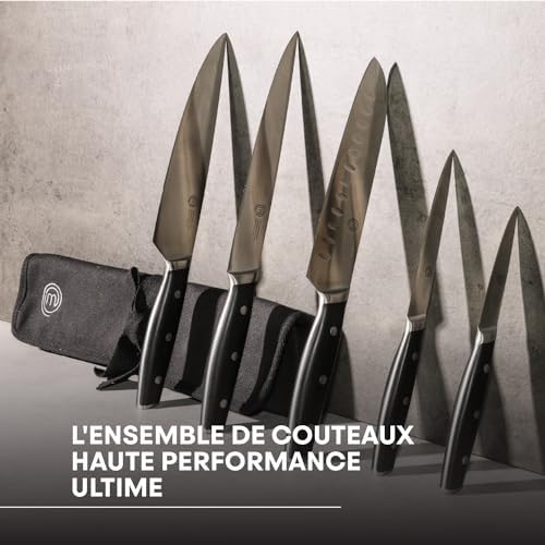 MasterChef Set Couteau Cuisine avec Malette Couteaux Professionnel, Lot Compris Couteau Chef, Santoku, Hachoir, Office et Legume, Acier Inox à Haut Carbone, 5 Pièces