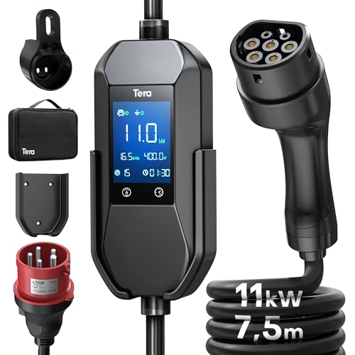 Tera Mobile Wallbox EV Charger Type 2: 11kW 400V 7.5m 6-16A Display 2.8" Three Phase CE & IP66 Charging Cable with Bag Electric Car Accessories EV Adapter P06