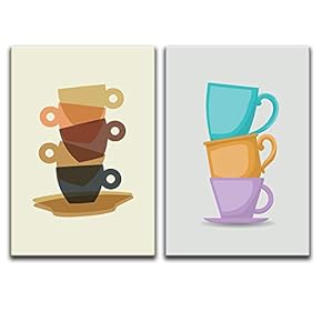 2 Panel Canvas Wall Art - Hand Drawn Coffee Theme Colorful Cups - Giclee Print Gallery Wrap Modern Home Art Ready to Hang - 16"x24" x 2 Panels