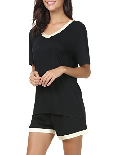 Invug Women Short Sleeve T Shirt and Shorts Pajamas Sleepwear Set Loungewear Black XXL