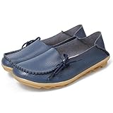 Tenworld Women's Driving Shoes Cowhide Casual Lace-Up Flat Loafers Boat Shoes (8, Dark Blue)