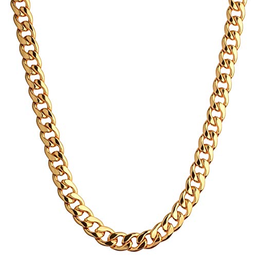 CrazyPiercing 18K Gold Plated Necklace Men Jewelry 10MM Wide Hip Hop Turnover Chain Necklace, Stainless Steel 24"