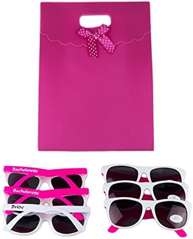 Wedding Sunglasses for Bride and Bachelorette Fun and Sexy for Wedding Parties Set of 6 - UV400 Lenses Provide 100% UVA and UVB Protection (Hot Pink and White). Includes Hot Pink gift bag.