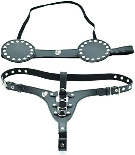 AnE Toys Womens Crotchless Panty G-String Thong Black PU Leather Sexy Lingerie With Round Ring Design with Matching Bra Set Open Crotch