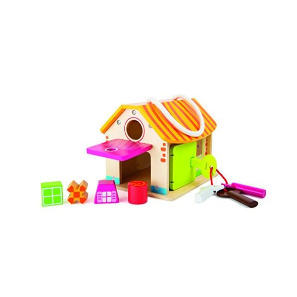 Small Foot Motorikhaus „Stall“ aus Holz, Motorikspielzeug mit Vier Schlüsseln und Steckformen, ab 12 Monaten, 10315, Mehrfarbig, + 3 a&ntildeos – Bild 4