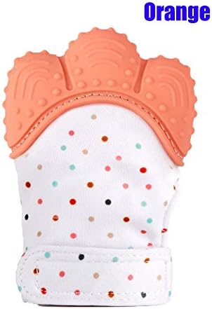 Sonicee Silicone Baby Teething Mitten Gloves Self Soothing Teether Teething Pain Relief Toy with Handy Travel Bag for Over 3 Months Infants (Orange)