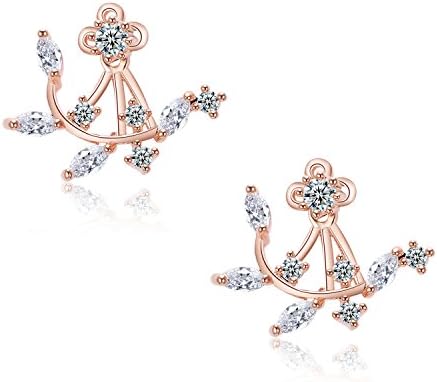 Odette Rose Gold Plated Clear Crystal Leaf Feather Ear Jacket Earrings Back Ear Cuffs Stud Earring