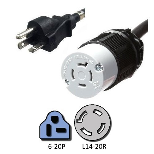 NEMA 6-20P to L14-20R Plug Adapter - 1 Foot, 20A/250V, 12 AWG - Iron Box # IBX-5178-01