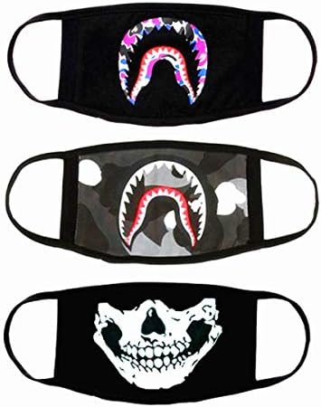 URDEAR 3 Pack Mouth Mask for Boys Girls Unisex Anti-dust Cotton Shark Mouth Mask Skull Face Mask Fashion Black Mouth Cover for Running Cycling Camping Travel