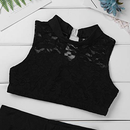 inhzoy Kids Girls Tankini Outfit Set 2-Piece Gymnastics Leotard Ballet Jazz Dance Sleeveless Lace Crop Top with Shorts Black 10