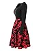 Womens Vintage Midi Dress Floral Long Sleeve A-line Cocktail Party Swing Dress with Pockets Black